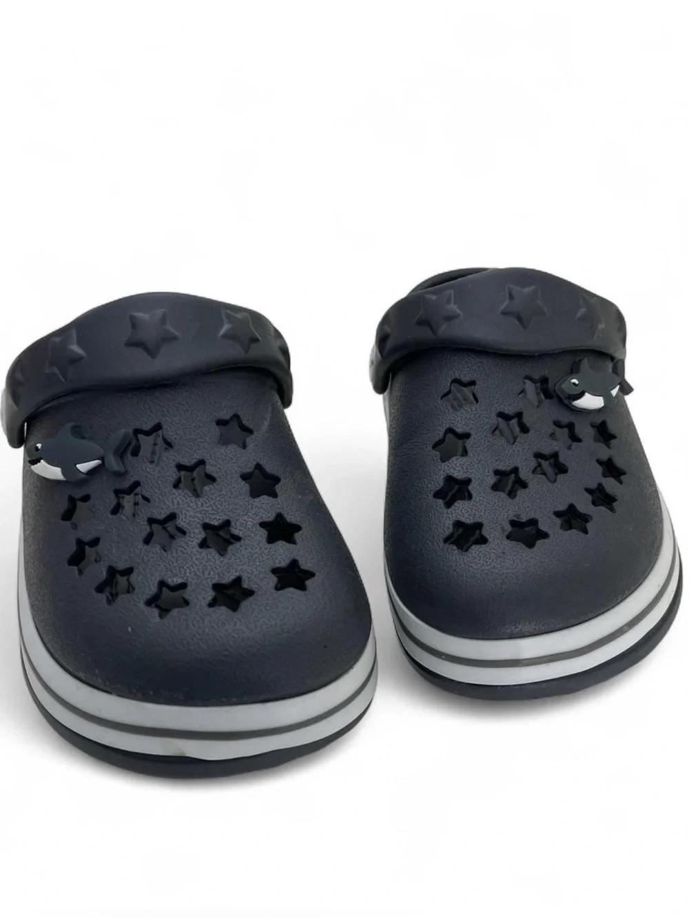 Toddler Boy 6C Crocs Dark Gray White Striped Shark Jibbitz Koala Baby Star Cut
